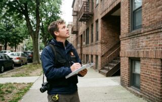 Architect inspecting a multifamily building exterior for a property condition assessment