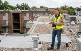 Architect inspector documenting building conditions during a property condition assessment